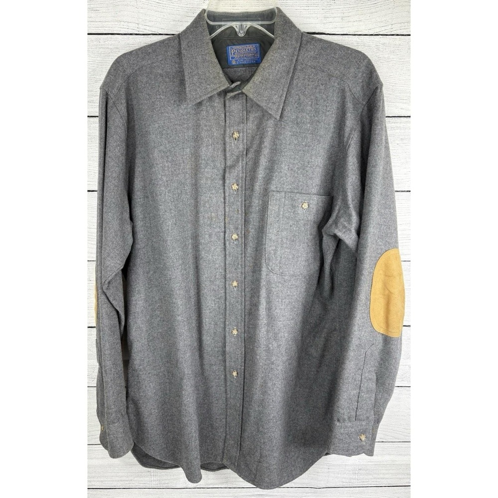 VTG Pendleton Wool Shirt Mens L Button Up Gray Elbow Patch Made In USA